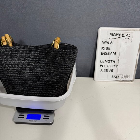 Kim Rogers Vintage Style Woven Straw Purse Bamboo Wooden Handles Black Beachy - Picture 10 of 10